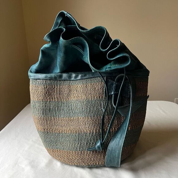 Vintage Woven Sisal &‎ Leather Bucket Bag Teal Blue Boho Beach Market Tote - Picture 2 of 9